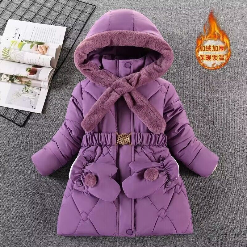 Winter Girls Thick Coats Fleece Warm Down Cotton Mid-Length Jackets Gloves Hooded Parka Coats Children&#39;s Outerwear Clothes