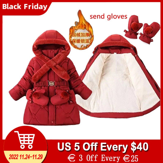 Winter Girls Thick Coats Fleece Warm Down Cotton Mid-Length Jackets Gloves Hooded Parka Coats Children&#39;s Outerwear Clothes