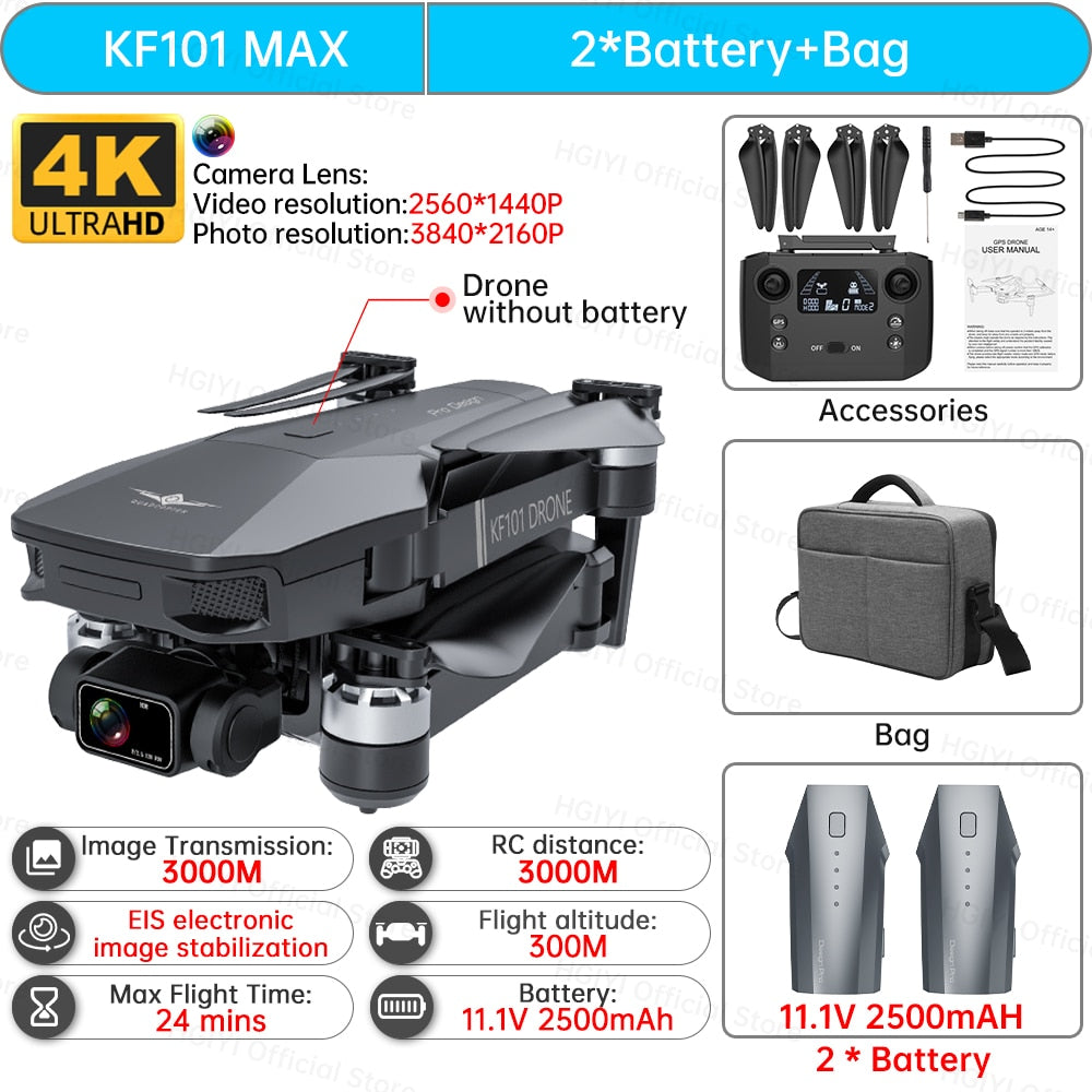 HGIYI KF101 Max Drone 4K Professional 5G WIFI Dron HD EIS Camera Anti-Shake 3-Axis Gimbal Brushless Motor RC Foldable Quadcopter