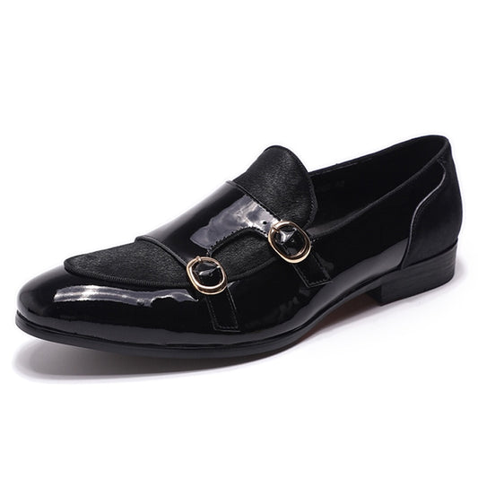 FELIX CHU Mens Wedding Loafers Gentlemen Party Dress Shoes Patent Leather with Horse Hair Casual Monk Strap Formal Shoes for Men