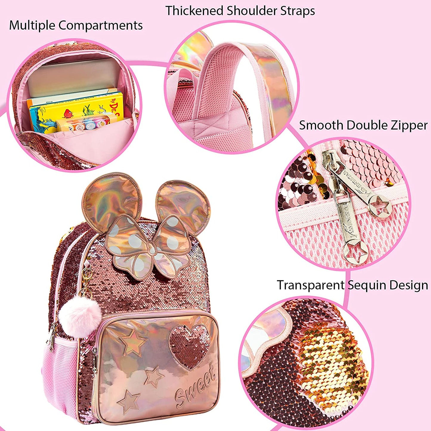 School Bags for Girls School Backpack 13&quot; 16&quot; Champagne Sequins  School Supplies for Girls Backpacks for School Teenagers Girls