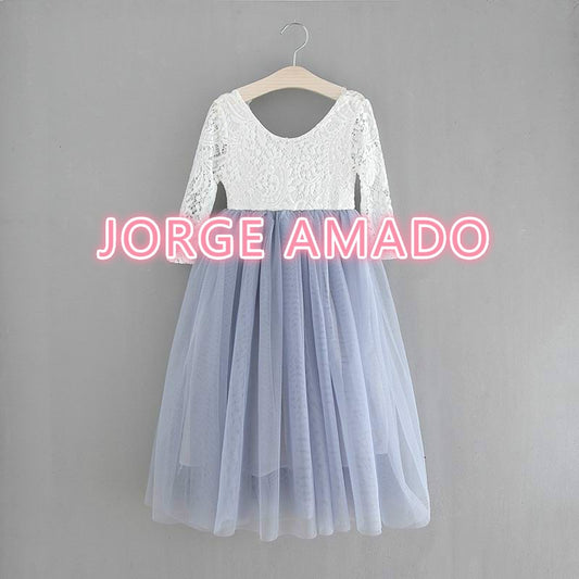 Princess Dress for Girls Ankle Length Wedding Party Dress Eyelash Back White Lace Beach Dress Children Clothing E15177