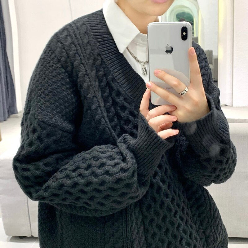 High Quality Autumn Winter Twist Knitted Sweater Men Clothing Simple V-neck Casual Daily Pullovers Loose Homme Streetwear