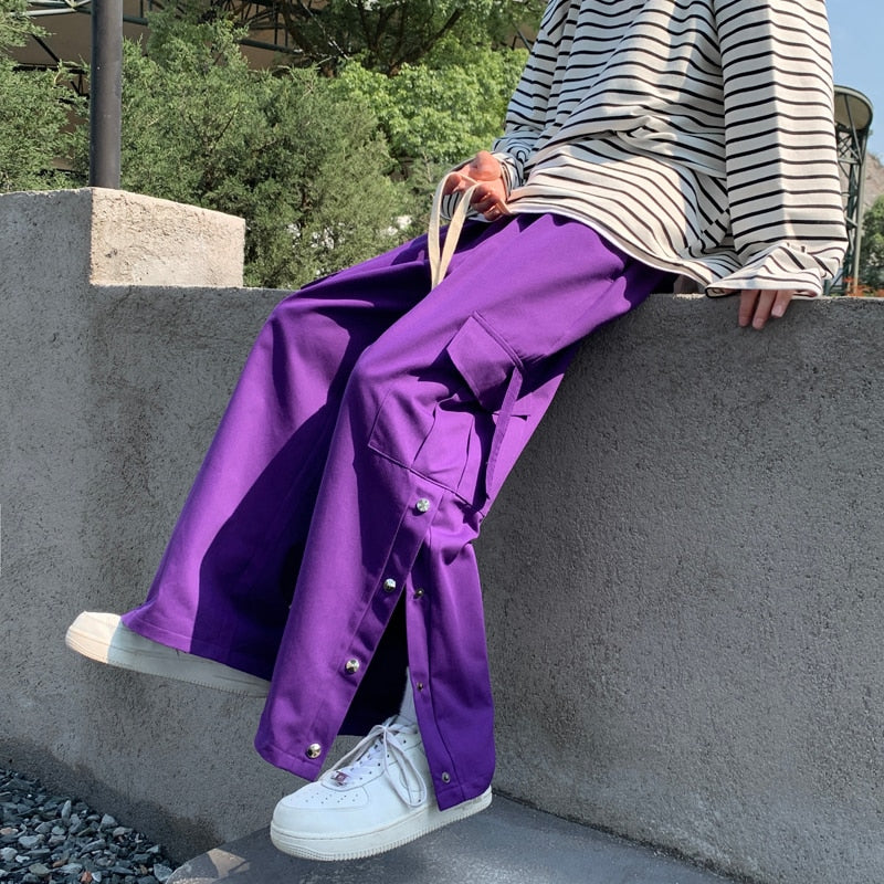 Purple Wide Leg Hip Hop Cargo Pants Button Decor Men Casual Cotton Pants Loose Baggy Trousers Streetwear Joggers Men Clothing