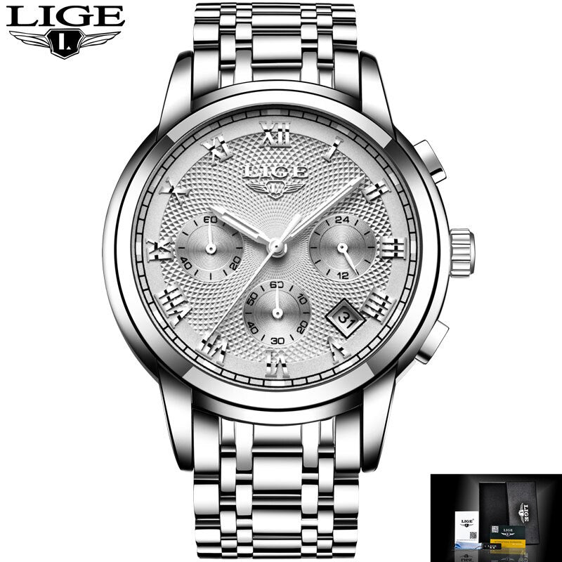 LIGE  Men&#39;s Watch Big Dial Stainless Steel Band Date Mens Business Male Watches Waterproof Luxuries Men Wrist Watches for Men