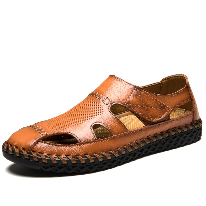 Summer Mens Sandals Genuine Leather Mesh Beach Outdoor Breathable Comfortable Slipper Rubber Classic Non-slip Big Size 38-45