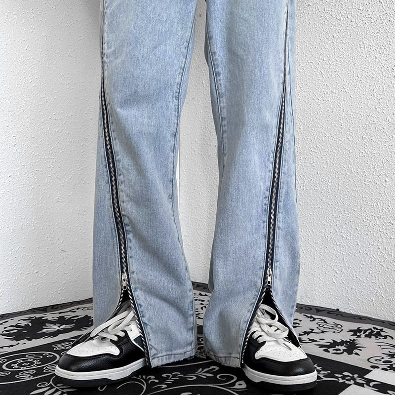 Fashion Zipper Trousers Blue Jeans Men 2022 Autumn New High Street Straight Denim Neutral Casual Jean Pants Male Vintage Gray