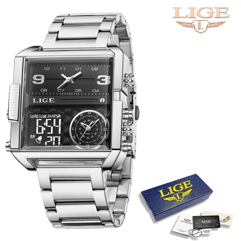 LIGE New Top Brand Luxury Fashion Men Watches Gold Steel Sport Square Digital Analog Big Quartz Watch for Man relogio masculino