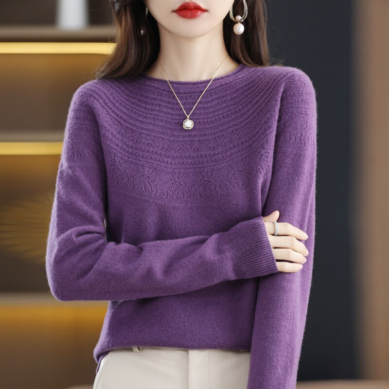 100 Wool Classic Round Neck Cutout Sweater Fashion Cutout Loose Long Sleeve Undercoat New Design Taste Popular Sweater Girl