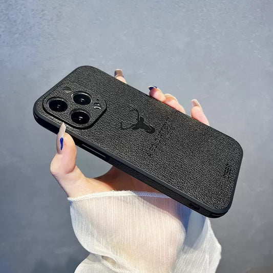 Luxury Leather Texture Square Frame Case For iPhone 11 12 13 14 Pro Max Mini X XR XS Deer Lens Protection Shockproof Hard Cover