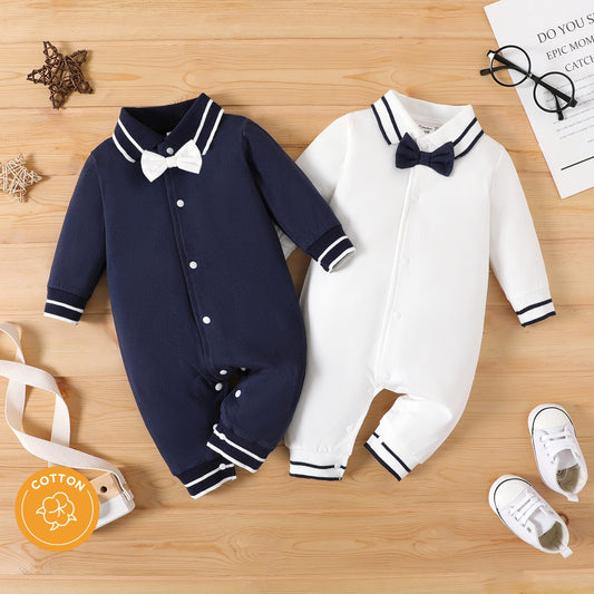 PatPat Baby Boy 95% Cotton Polo Neck Long-sleeve Gentleman Bow Tie Jumpsuit