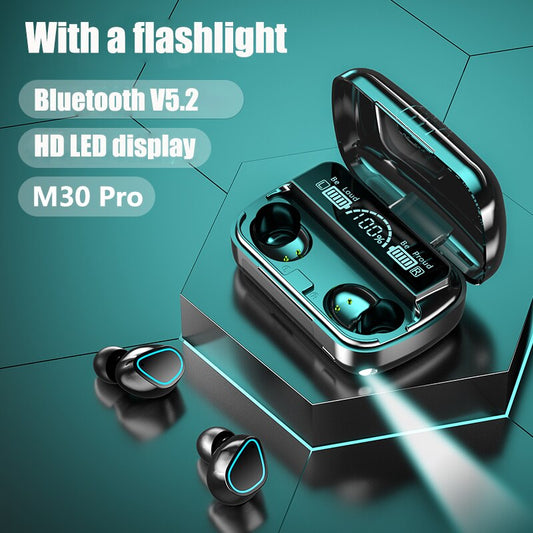M30 Headphones Tws Bluetooth Earphones 5.2  9D Stereo with Flashlight Wireless Earbuds Waterproof Noise Reduction Headset