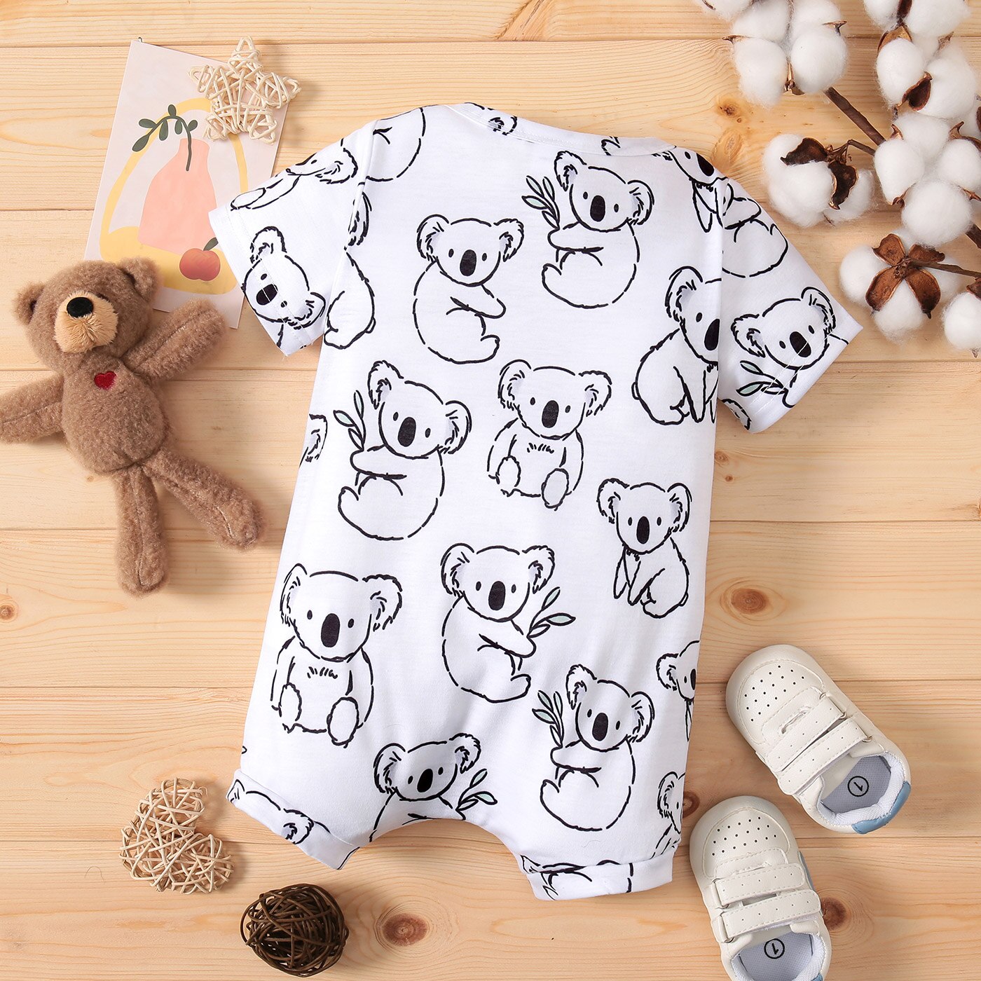 PatPat Baby Boy Koala Print White/Grey Striped Short-sleeve Snap Romper