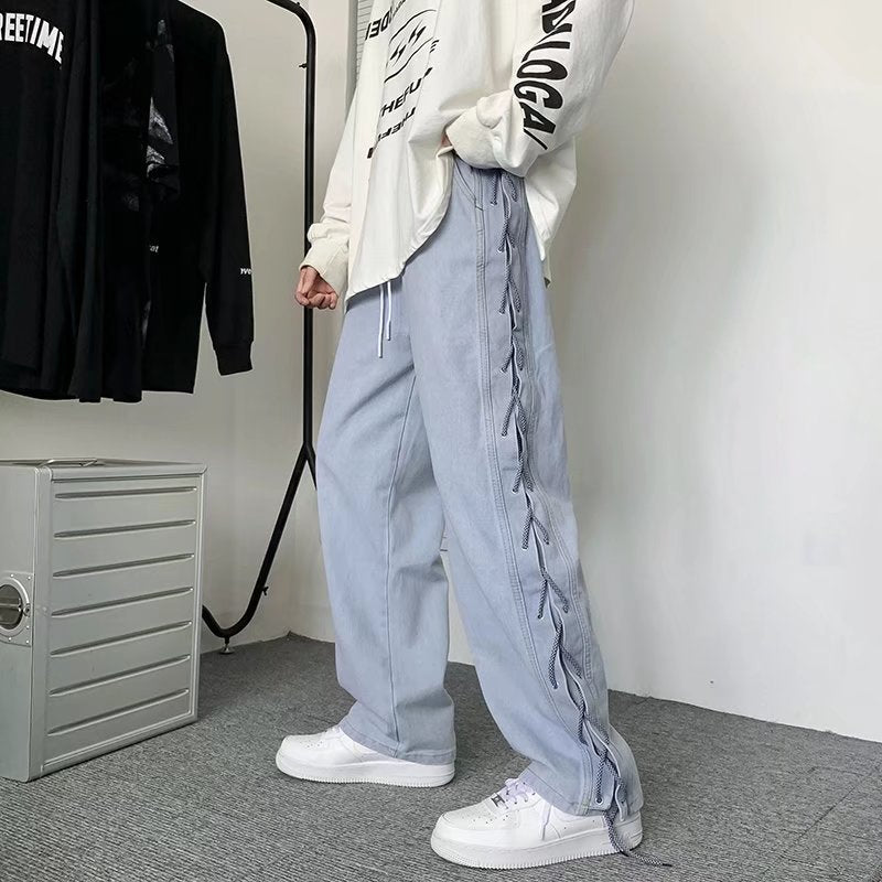 New Drawstring Knitted Jean Pants Men Straight Loose Hip Hop Pants Fashion Patckwork Casual Streetwear Jeans Male Trousers