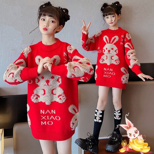 2023 Christmas New Year 110-170cm Family Matching Clothes Outfits Teenages Girls Knitted Rabbit Red Sweater For Mother Daughter