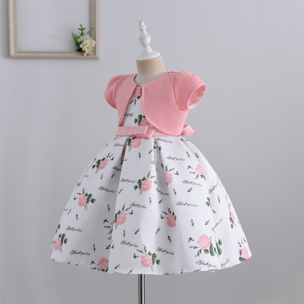 Yoliyolei 2PCS/set New Girls Dress Autumn Printing floral Kids Dresses Baby Girls ball gown Party Clothes with short sleeve coat