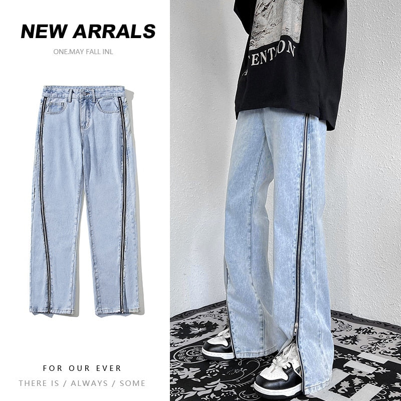 Fashion Zipper Trousers Blue Jeans Men 2022 Autumn New High Street Straight Denim Neutral Casual Jean Pants Male Vintage Gray