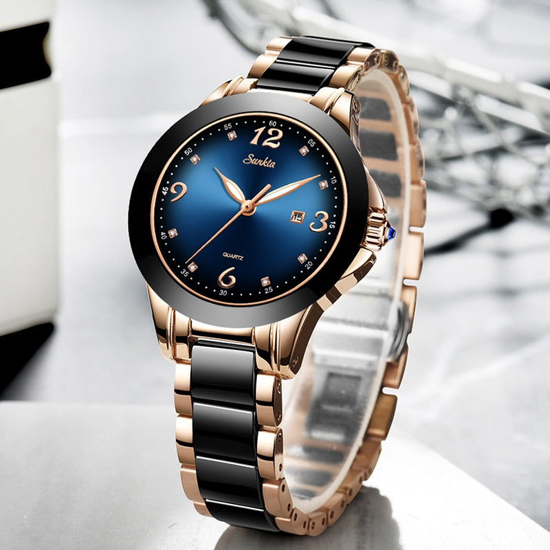 Women&#39;s Watches SUNKTA Ladies Quartz Watch Fashion Waterproof Ceramic Stainless Steel Band Watch Black Gold Wrist Watch+Box