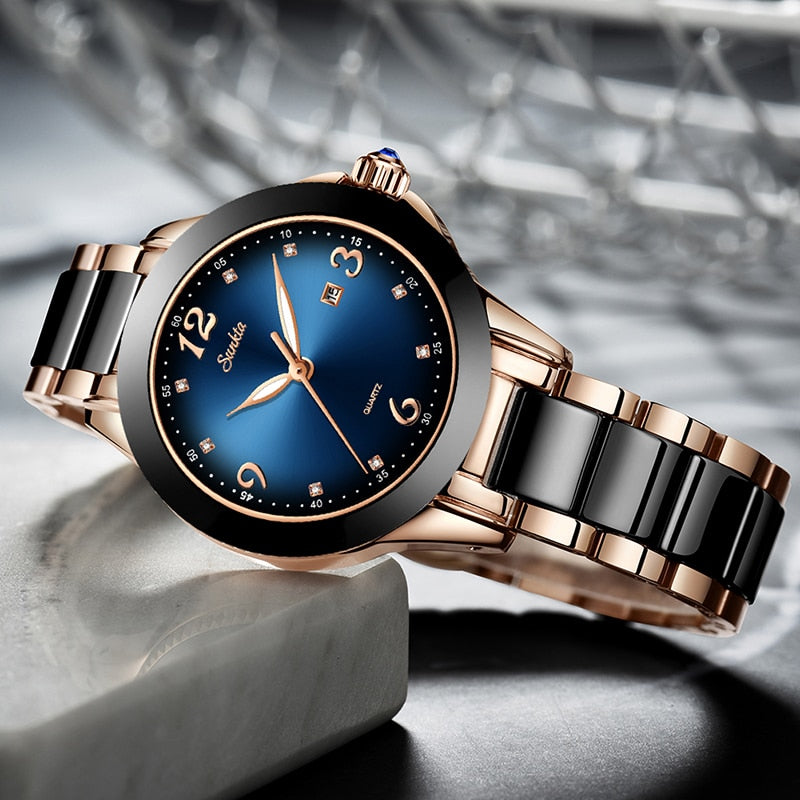 Women&#39;s Watches SUNKTA Ladies Quartz Watch Fashion Waterproof Ceramic Stainless Steel Band Watch Black Gold Wrist Watch+Box