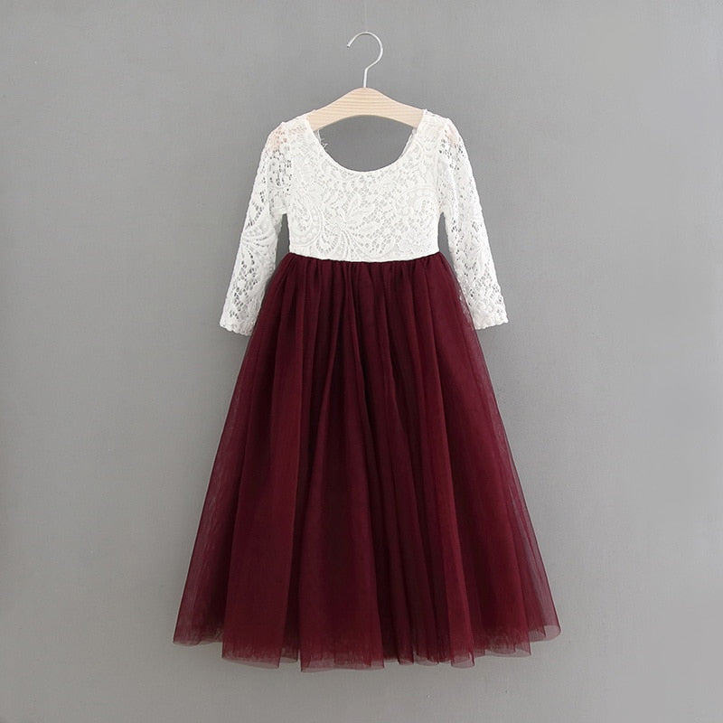 Princess Dress for Girls Ankle Length Wedding Party Dress Eyelash Back White Lace Beach Dress Children Clothing E15177