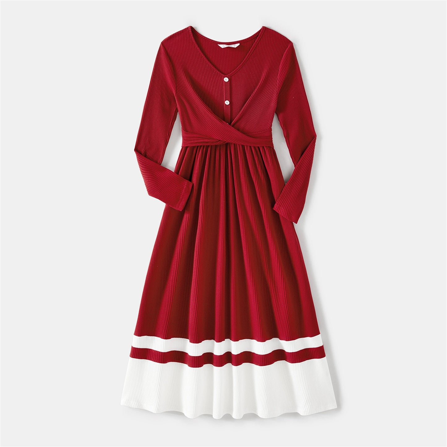 PatPat Family Matching Burgundy Ribbed Crisscross Pleated Midi Dresses and Long-sleeve Colorblock Tops Sets