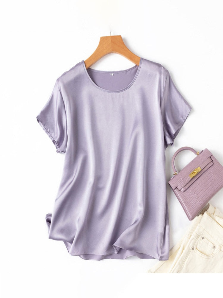 SuyaDream Woman Silk Tee 100%Real Silk Short Sleeved Plain O Neck T Shirt 2022 New Summer Top