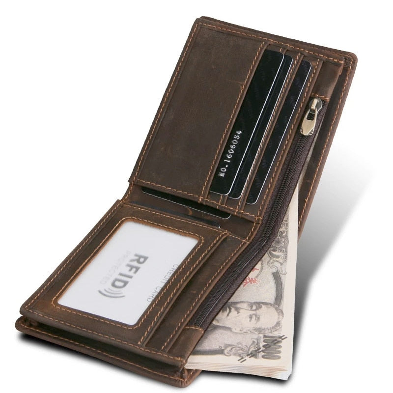Men&#39;s Oil Wax Skin Wallet RFID Protection Man Vintage Cow Genuine Leather Wallet Male Handmade Billfold Coin Purse Short Wallet