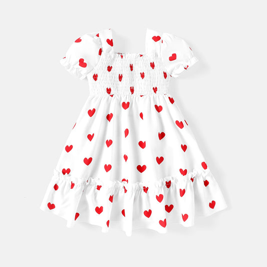 PatPat Toddler Girl Heart Print Smocked Square Neck Short-sleeve Dress
