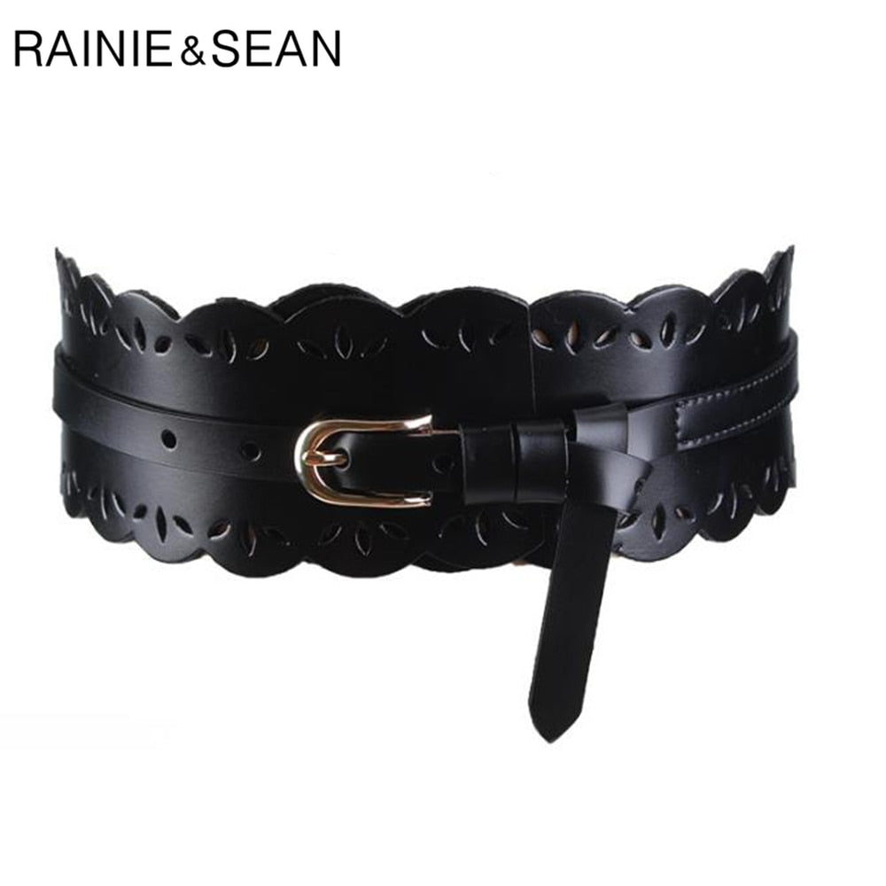 RAINIE SEAN Leather Cummerbund Women Elegant Wide Solid Wine Red Belt Cummerbunds Female Corset Ladies Broadband Waist Belts