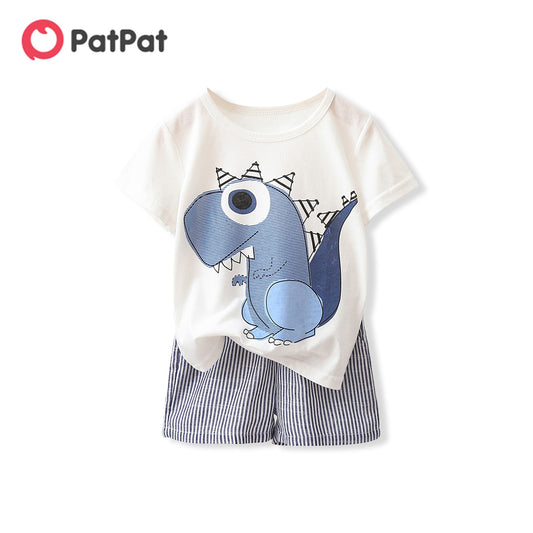 PatPat 2pcs Baby Boy Cartoon Dinosaur Print Short-sleeve T-shirt and Pinstriped Shorts Set