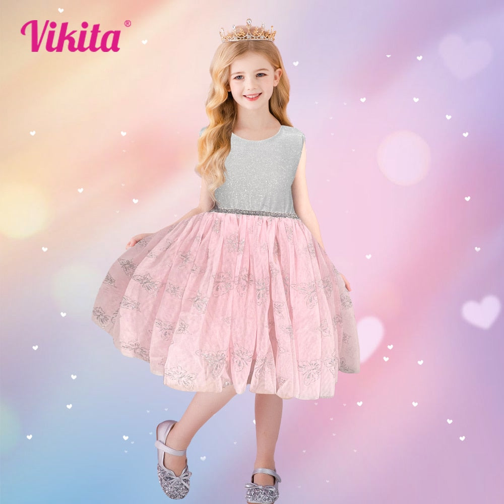 VIKITA 3-8 Years Kids Girls Sleeveless Sequined Floral Shiny Princess Casual Tulle Dress for Birthday Party Summer Prom Clothes