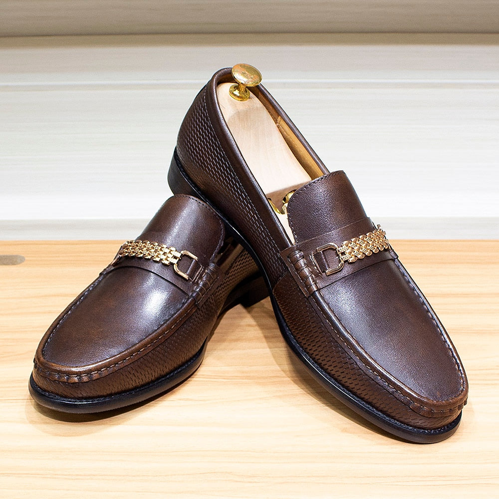 Men&#39;s Loafers Genuine Leather Classic Metal Chain Slip-On Casual Business Dress Shoes Comfortable Party Wedding Footwear for Men
