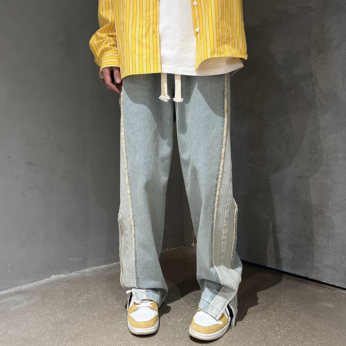 Neutral Chic Patchwork Mopping Trousers Jeans Men Korean Style Street Fashion High Street Loose Casual Drawstring Jean Pants