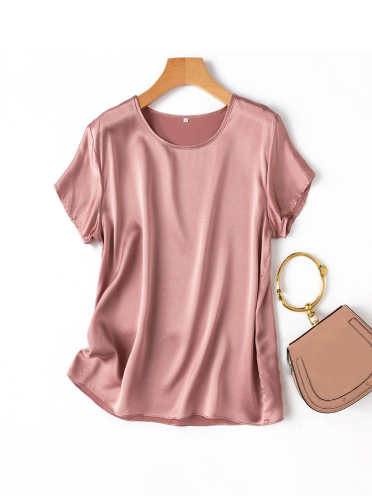 SuyaDream Woman Silk Tee 100%Real Silk Short Sleeved Plain O Neck T Shirt 2022 New Summer Top