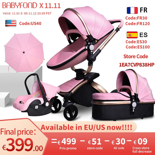 EU Stock Babyfond Luxury Baby Stroller 3 in 1 Travel System With Bassinet And Car Seat 360° Rotation Newborn Egg Pram