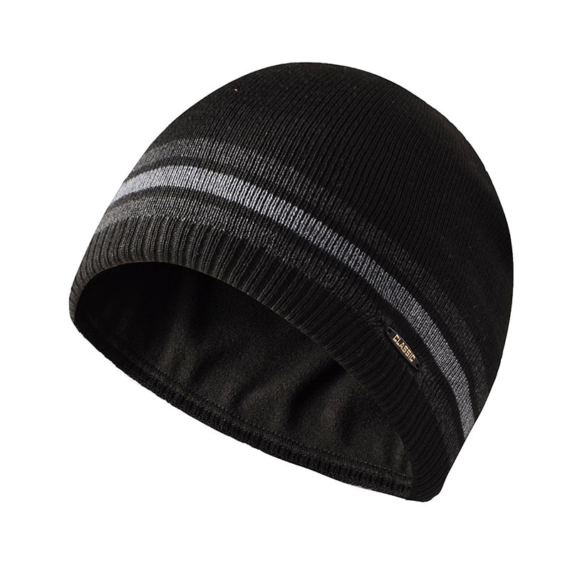 Fashion design striped straight edge warm beanie hat for men and women outdoor hiking skiing plush thick knitted pullover cap