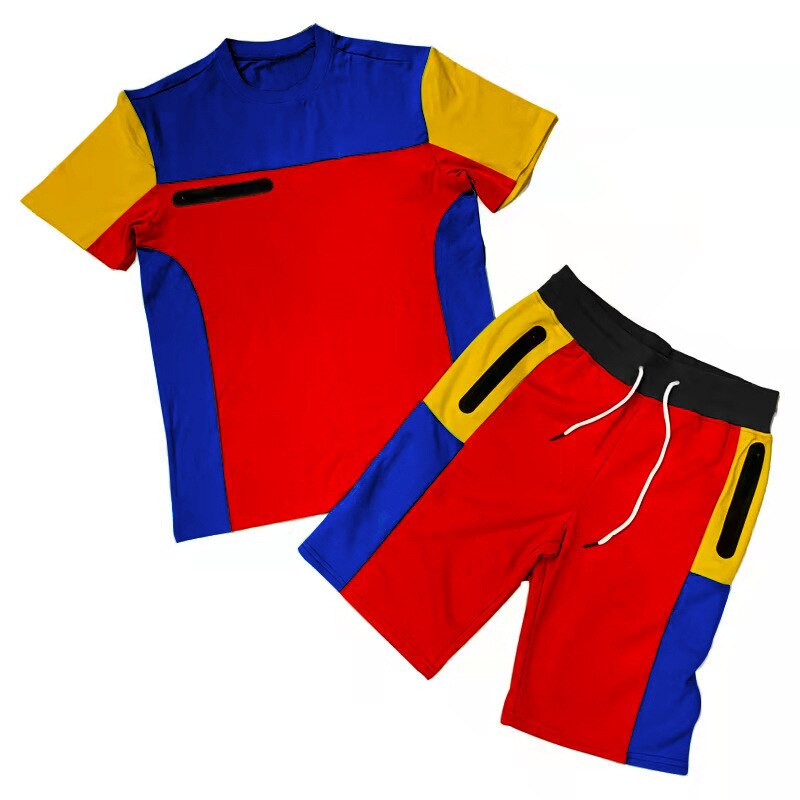 Patchwork Fabric Sportswear 2 Piece Short Set Summer Man Fashion Tracksuit Sweat Suits