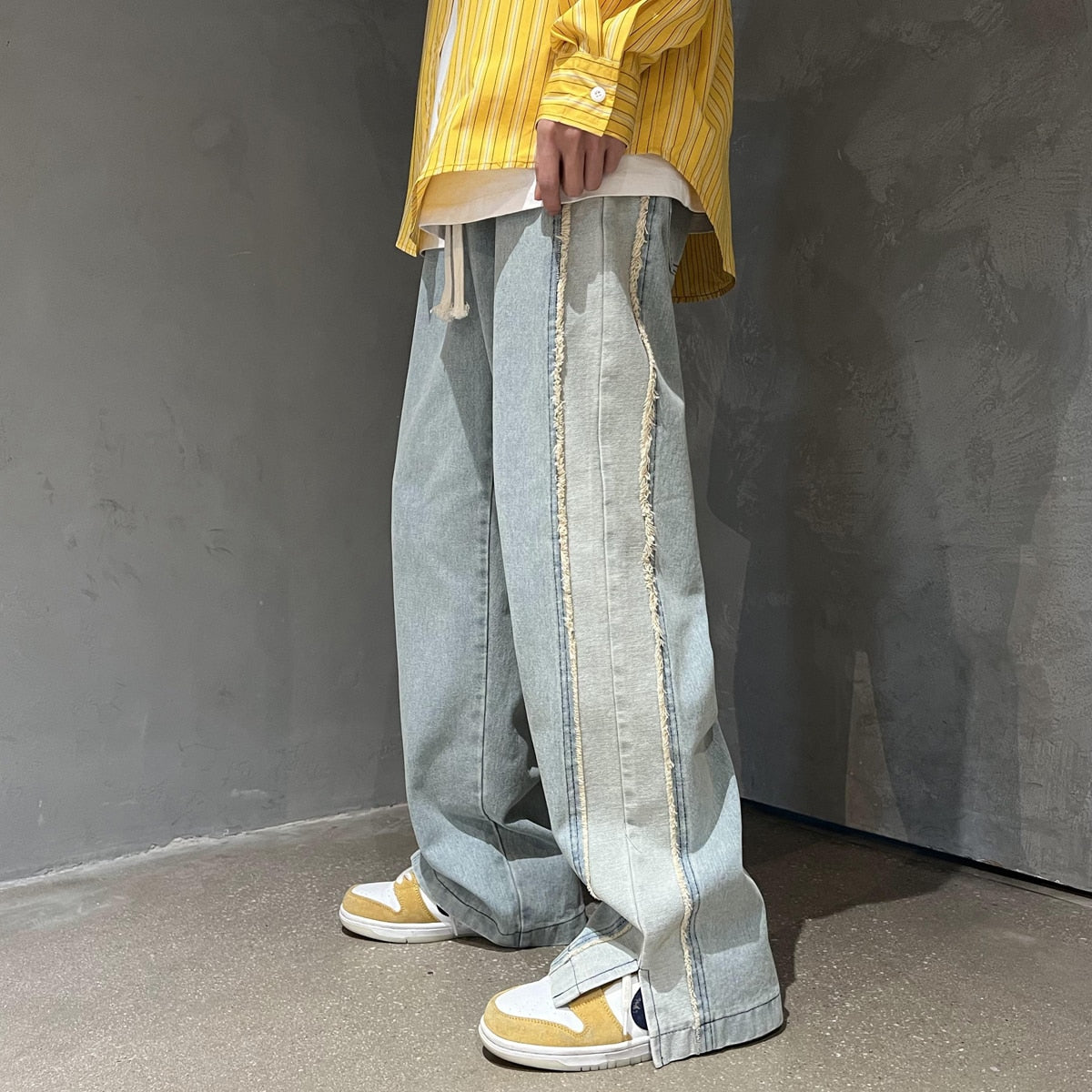 Neutral Chic Patchwork Mopping Trousers Jeans Men Korean Style Street Fashion High Street Loose Casual Drawstring Jean Pants