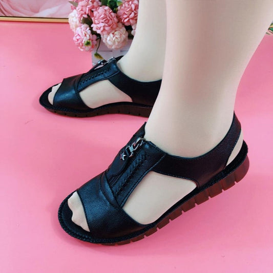 Women Sandals Zipper Flat Soft Pu Leather Sole Comfy Sandalias Summer Casual Mother Shoes Solid Color Plus Size Chaussure Femme