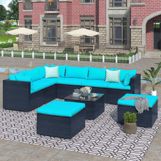9-piece Outdoor Patio PE Wicker Rattan conversation Sectional Sofa sets removable soft cushions Black wicker, Beige/blue cushion