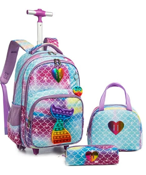 Children 3pcs Schoolbag set with Wheels School Trolley Bag with lunch bag School Rolling Backpack Set Wheeled backpack for girls