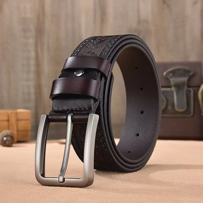 Retro Carved Craft Men&#39;s Belt Leather Cowhide Pin Buckle Fashion Denim Casual Pants Belt