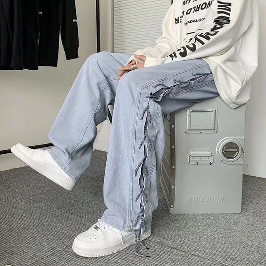 New Drawstring Knitted Jean Pants Men Straight Loose Hip Hop Pants Fashion Patckwork Casual Streetwear Jeans Male Trousers