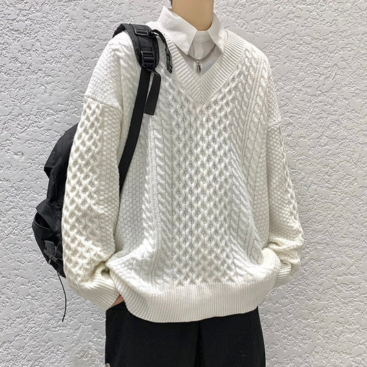 High Quality Autumn Winter Twist Knitted Sweater Men Clothing Simple V-neck Casual Daily Pullovers Loose Homme Streetwear