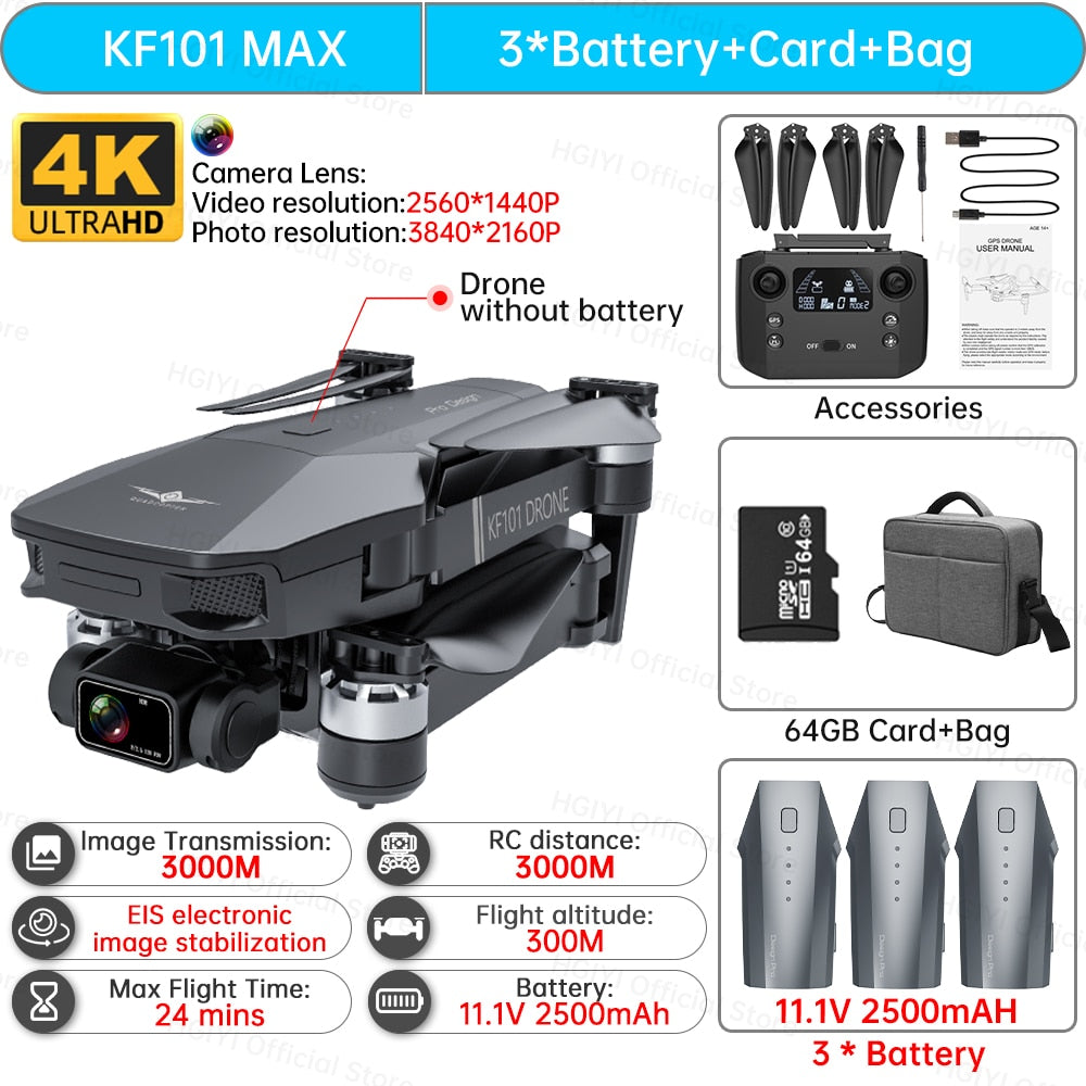 HGIYI KF101 Max Drone 4K Professional 5G WIFI Dron HD EIS Camera Anti-Shake 3-Axis Gimbal Brushless Motor RC Foldable Quadcopter