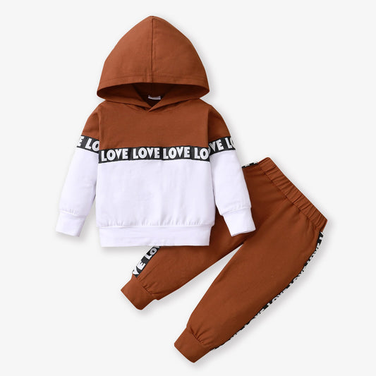 PatPat 2pcs Letter Print Splice Color Block Hooded Long-sleeve Baby Set