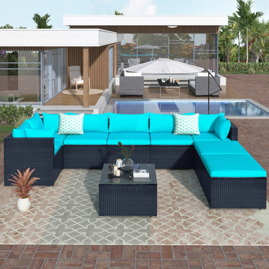 9-piece Outdoor Patio PE Wicker Rattan conversation Sectional Sofa sets removable soft cushions Black wicker, Beige/blue cushion
