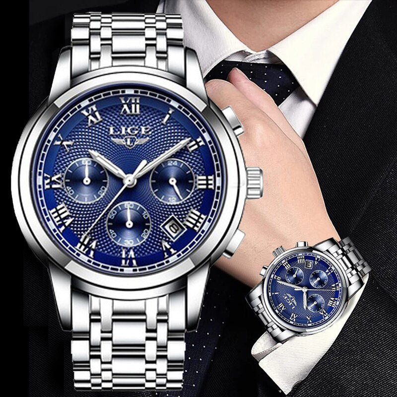LIGE  Men&#39;s Watch Big Dial Stainless Steel Band Date Mens Business Male Watches Waterproof Luxuries Men Wrist Watches for Men