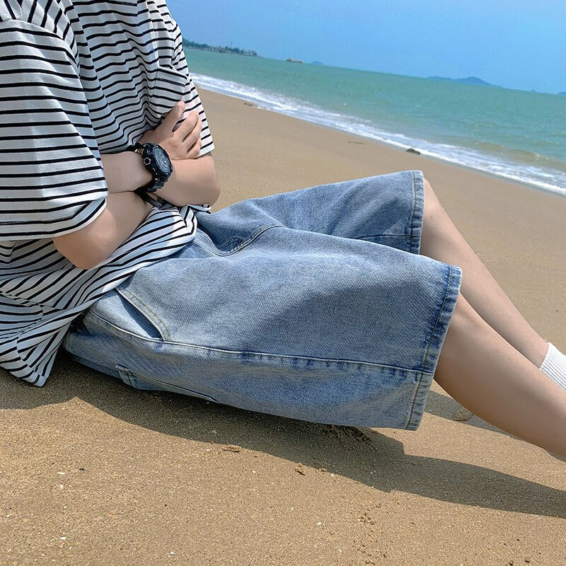 Men&#39;s Summer Denim Shorts Korean Elastic Waist Lace-up Straight Leg Pants Student Loose Casual Pants Cotton Pants