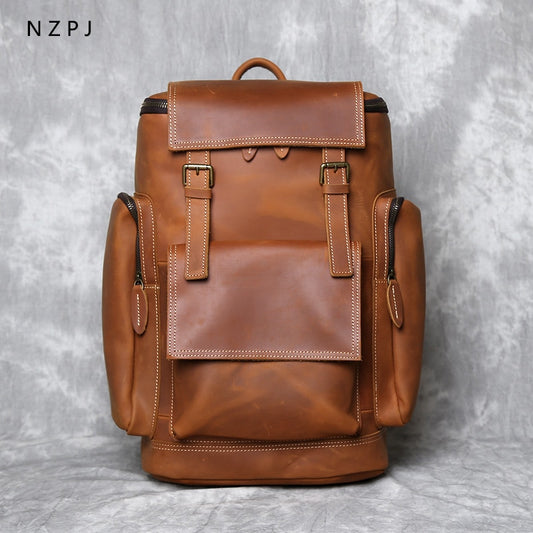 NZPJ Retro Genuine Leather Men&#39;s Backpack First Layer Leather Travel Backpack Large Capacity Natural Cowhide  Laptop Bag